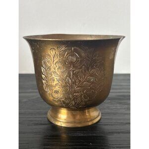 VTG Etched Solid Brass Planter Indoor & Outdoor Plants Patina Rustic Charm READ